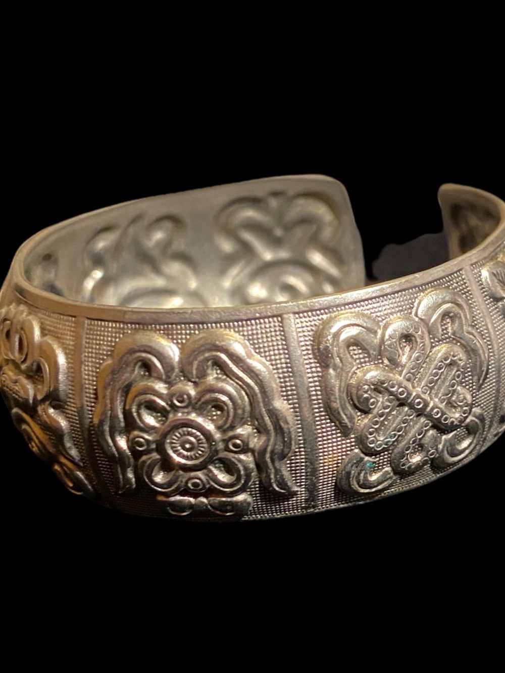 Unique Silver Floral Embossed Cuff Bracelet - Women Jewelry